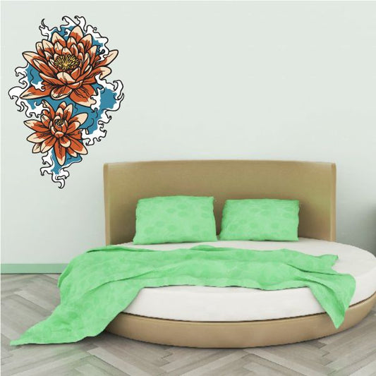 Japanese floral lily pad wall decal sticker with orange flowers and blue curling accents