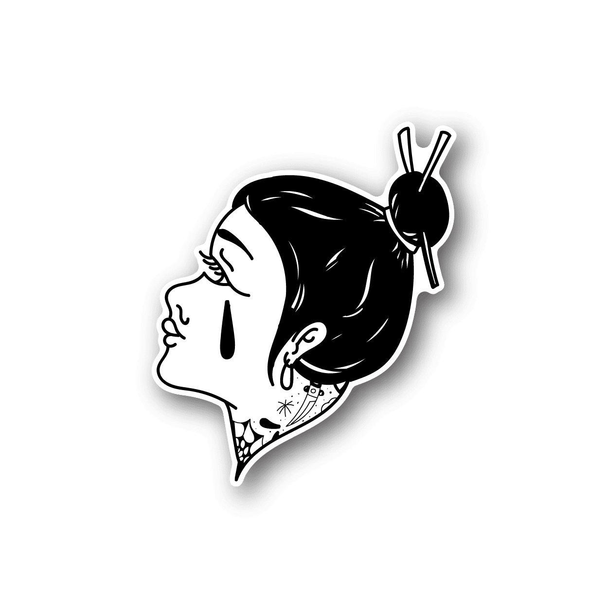 Vinyl sticker of illustrated woman side profile with black hair and hat