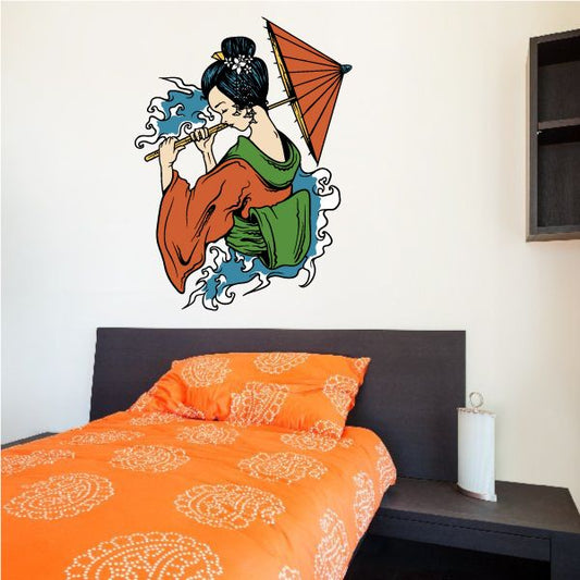 Japanese geisha wall decal of woman holding red parasol with blue curling smoke