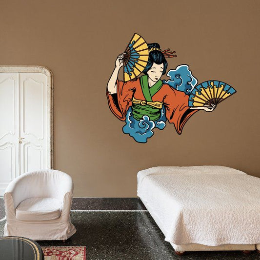 Geisha wall decal vinyl sticker with blue and gold parasols and clouds