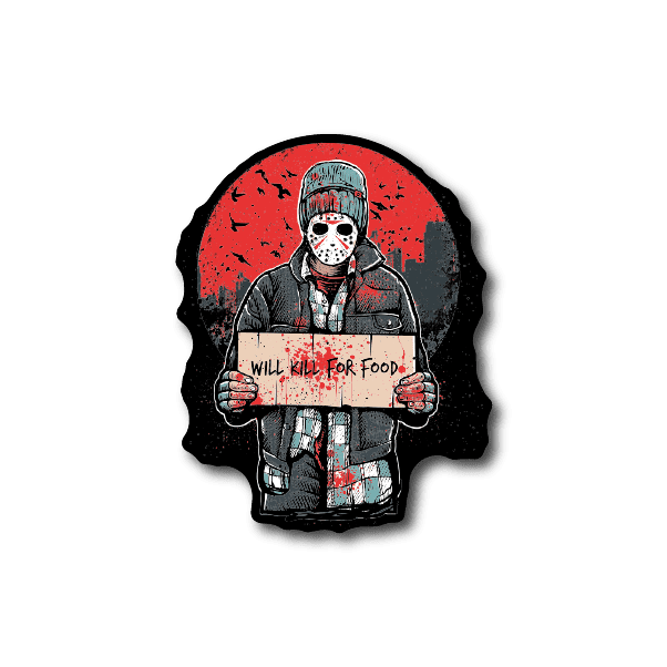 Vinyl sticker of masked chef holding Will Kill for Food sign