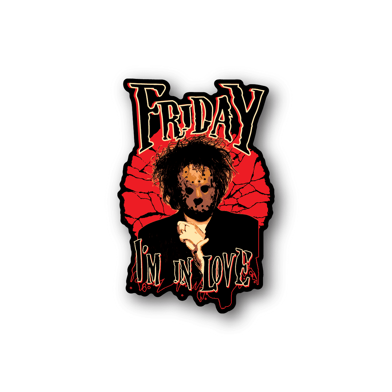 Jason Friday I'M in Love vinyl sticker, red-and-black text with stylized portrait
