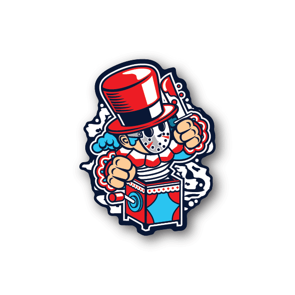 Toy vinyl sticker of cartoon astronaut character in red, blue, and white