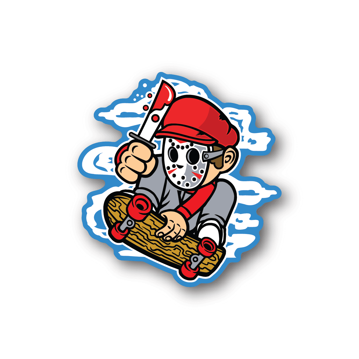 Skater vinyl sticker featuring red cap and hockey-style mask holding a skateboard