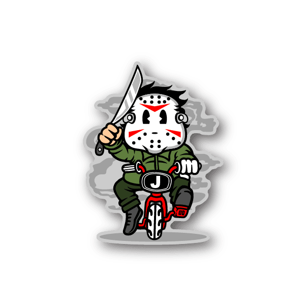 Die-cut vinyl sticker of cartoon biker in green jacket with white hockey mask, red dots