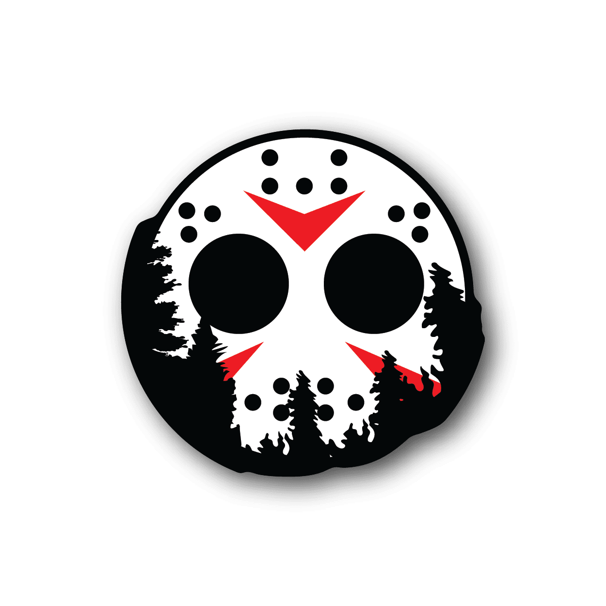 Circular vinyl sticker, white skull face with red eyes and red nose