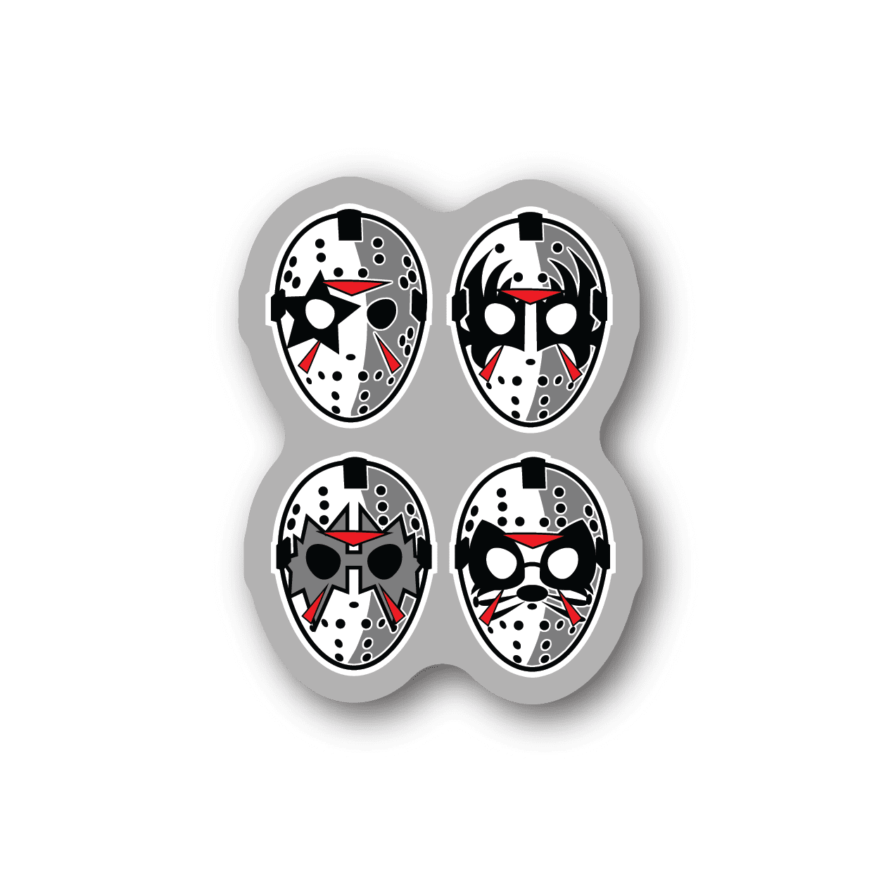 Vinyl sticker with four black-and-white rock face designs with red accents