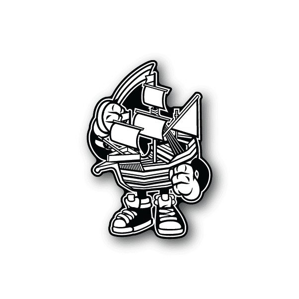 Black-and-white sailor vinyl sticker with telescope and ship wheel