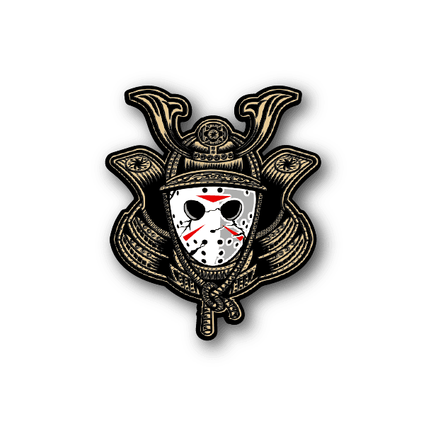 Samurai vinyl sticker with gold outline and white face mask with red and black spots