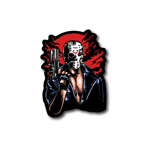 Vinyl sticker of masked figure holding a handgun with red flame effects