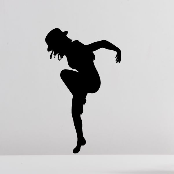 Jazz dancer wall decal, black vinyl silhouette of dancer in mid-step pose