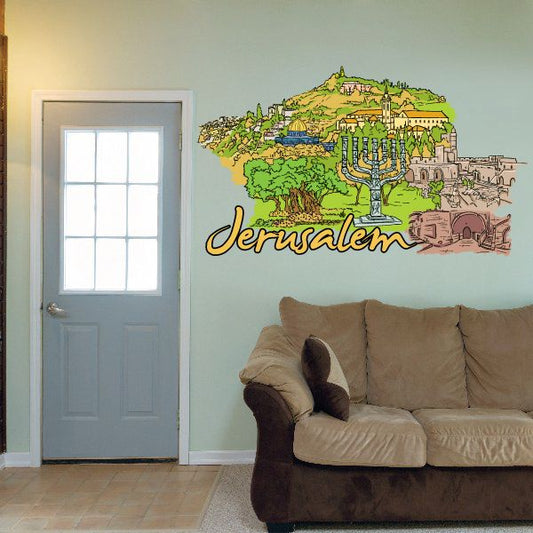 Jerusalem wall sticker with illustrated cityscape, green trees, and yellow 'Jerusalem' text