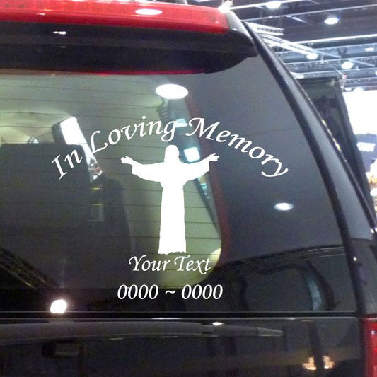 In Loving Memory car decal with Jesus figure, 'Your Text' and '0000 ~ 0000'
