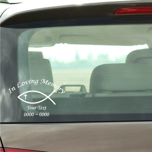 Car window decal: fish-and-cross with 'In Loving Memory' text