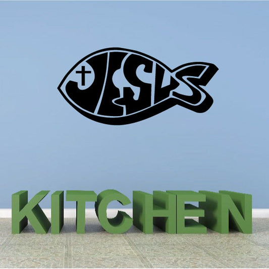 Black Jesus fish wall decal with cross and stylized lettering, green text 'KITCHEN'.