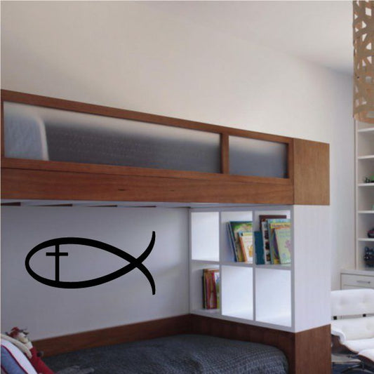 Jesus fish and cross decal on wall, black outline symbol
