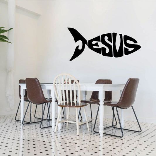 Black Jesus fish word art decal with stylized Jesus lettering