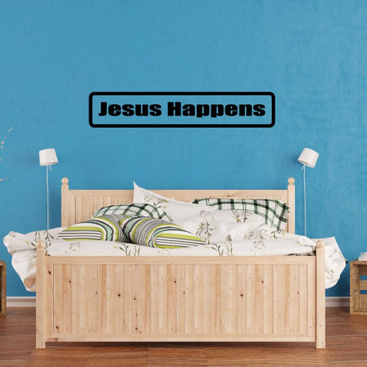 Jesus Happens wall decal with bold black text and rounded rectangle border