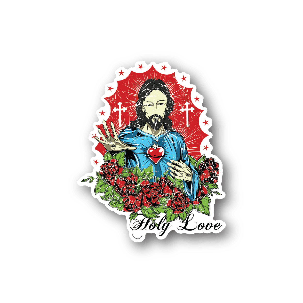 Vinyl sticker of Jesus with Holy Love text, red halo heart, floral border