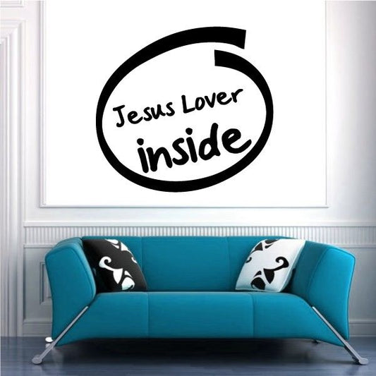 Circular black wall decal with 'Jesus Lover inside' text