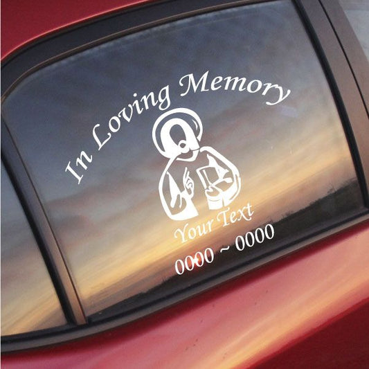 Memorial window decal with praying Jesus icon and “In Loving Memory” and “Your Text”
