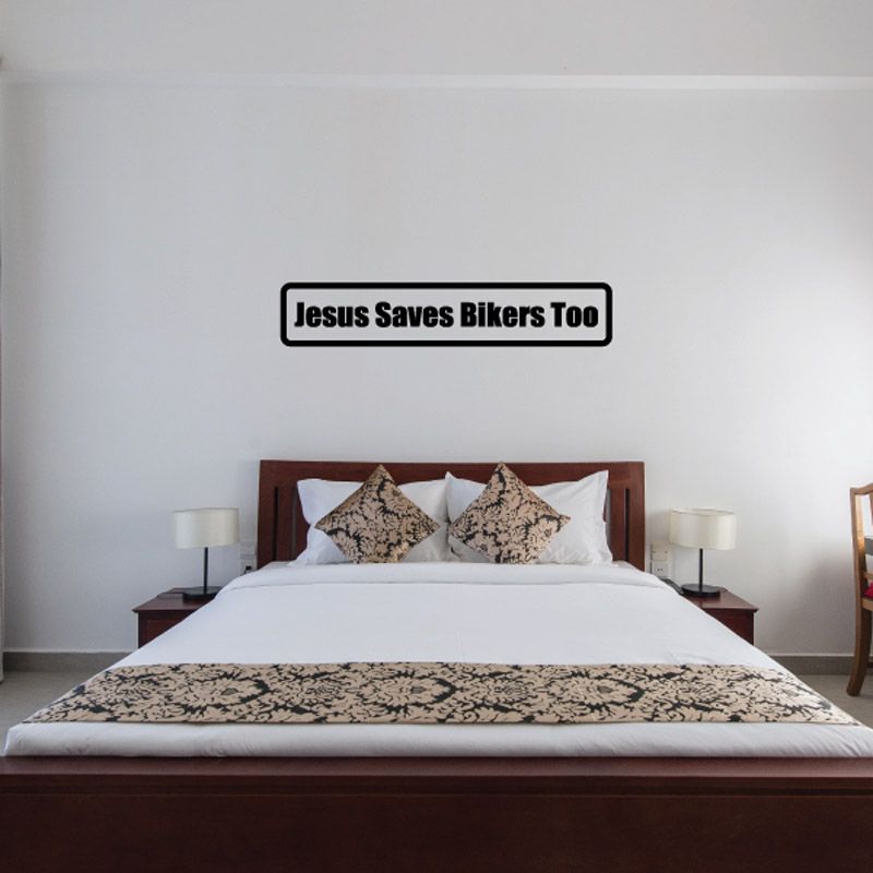 Vinyl wall decal with text “Jesus Saves Bikers Too” in a black-bordered label