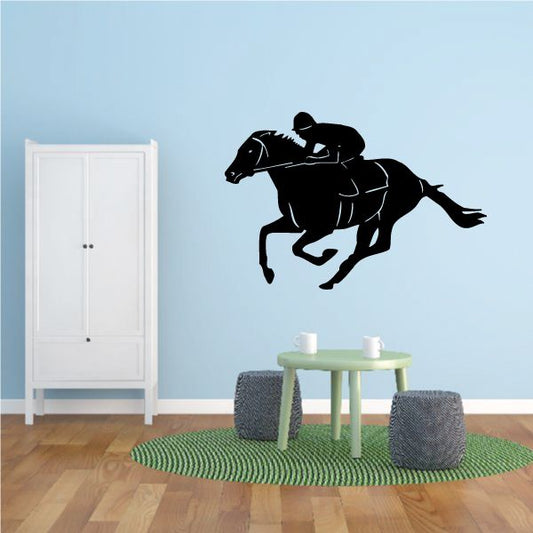 Vinyl wall decal: black racing horse with jockey, leaping pose