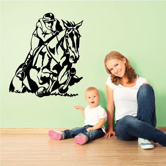 Horse racing jockey wall decal with black silhouette on horseback and galloping horse