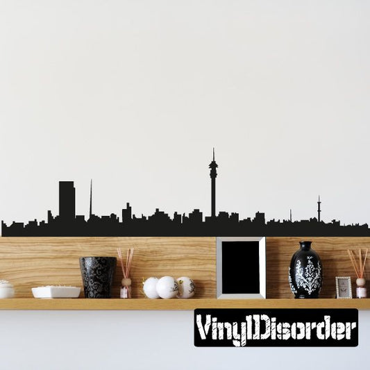 Black Johannesburg skyline wall decal with tall central tower silhouette