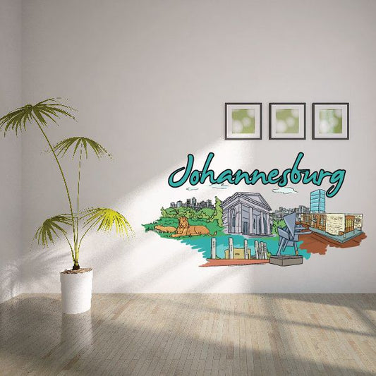 Johannesburg city sticker with teal lettering and illustrated skyline