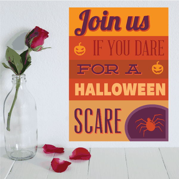 Halloween scare sticker, orange with text Join us if you dare for a Halloween scare, spider graphic