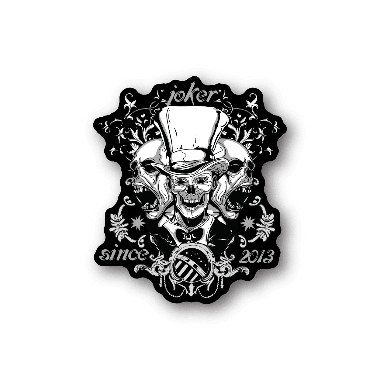 Vinyl sticker: white joker skull with top hat, ornate flowers, text 'since 2013'