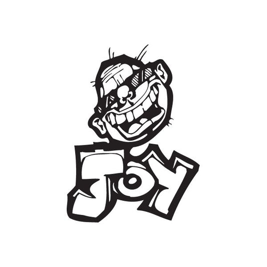 Graffiti decal with stylized black-and-white cartoon face and bold letters