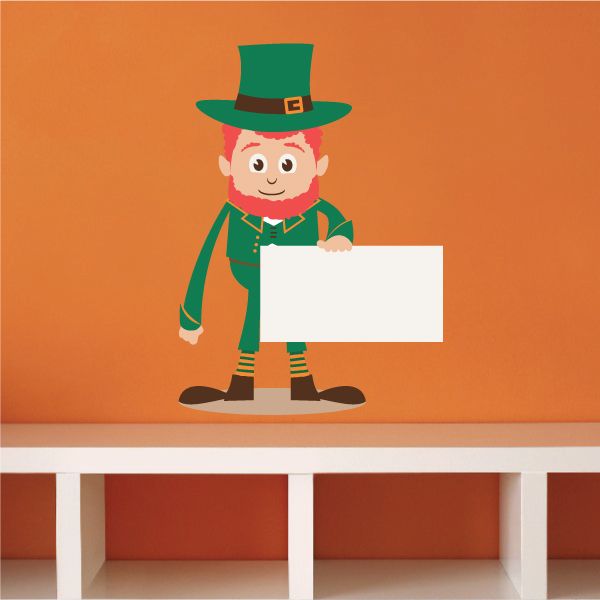 St Patrick's Day leprechaun sticker of smiling green-clad character holding a blank sign