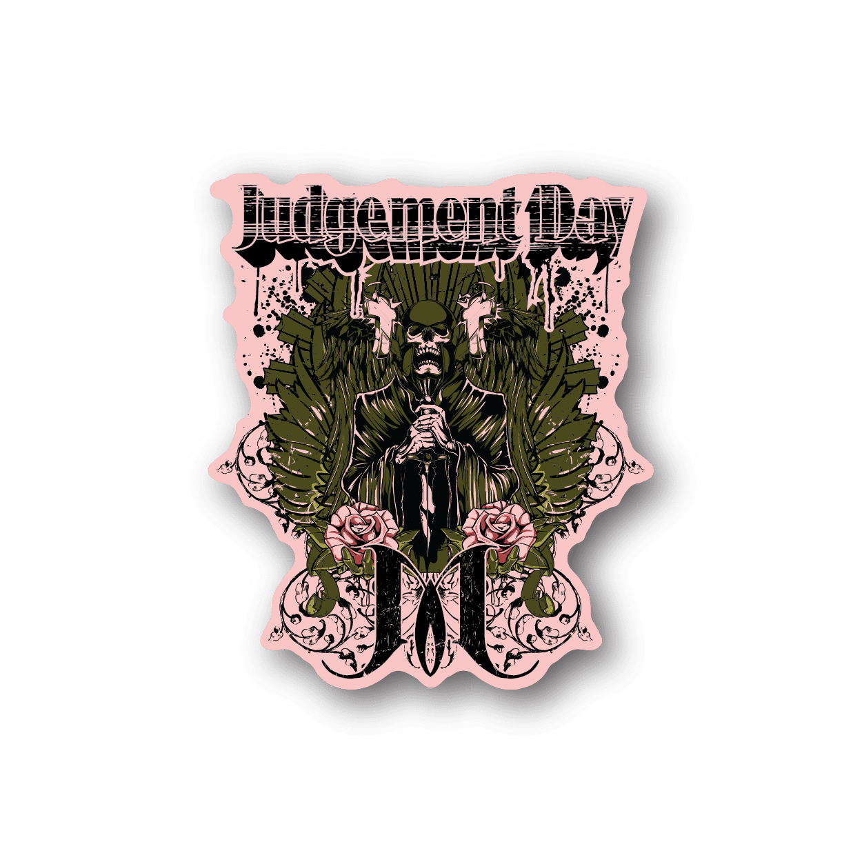 Grim reaper vinyl sticker with green wings and pink skulls, gothic lettering