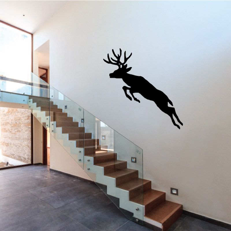 Jumping elk buck decal, black silhouette on wall
