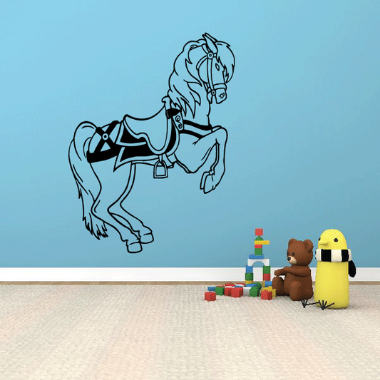 Jumping fancy horse decal, blue line art with bridle and saddle