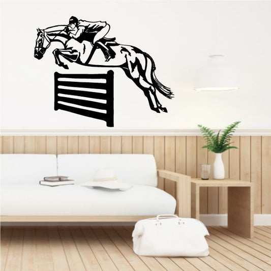 Horse jumping over fence wall decal, black vinyl silhouette