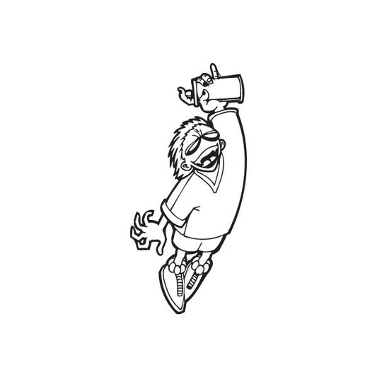 Jumping spray paint can decal, black line art of a person holding a spray can