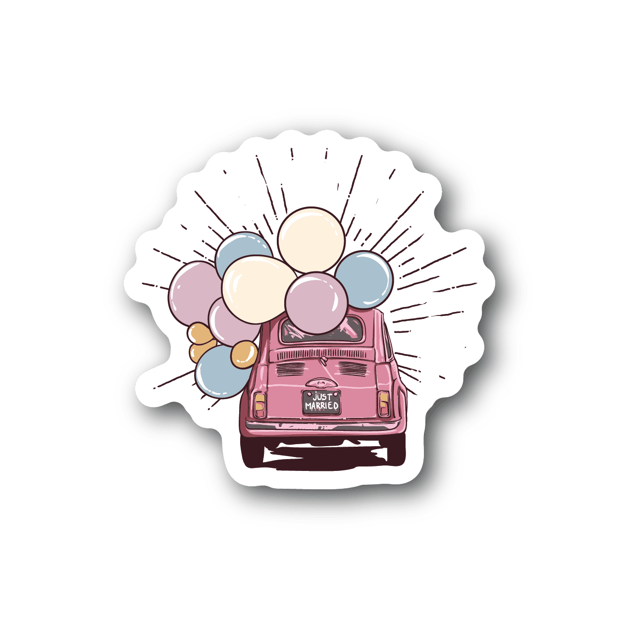 Just Married VW bug vinyl sticker with cartoon car and balloons