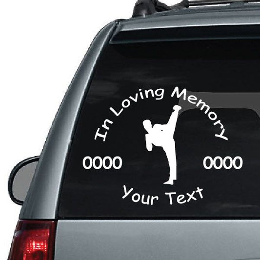 Car window decal: karate silhouette with 'In Loving Memory' and 'Your Text'
