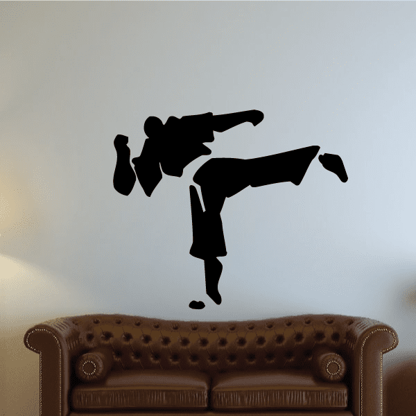 Black karate fighter wall decal silhouette, mid-kick with extended arm