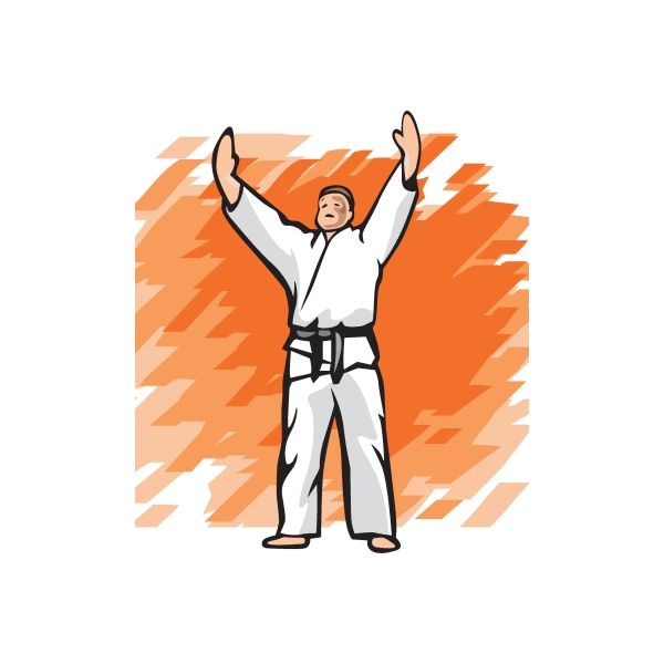 Karate wall decal vinyl sticker of karate fighter in white gi with black belt, arms raised
