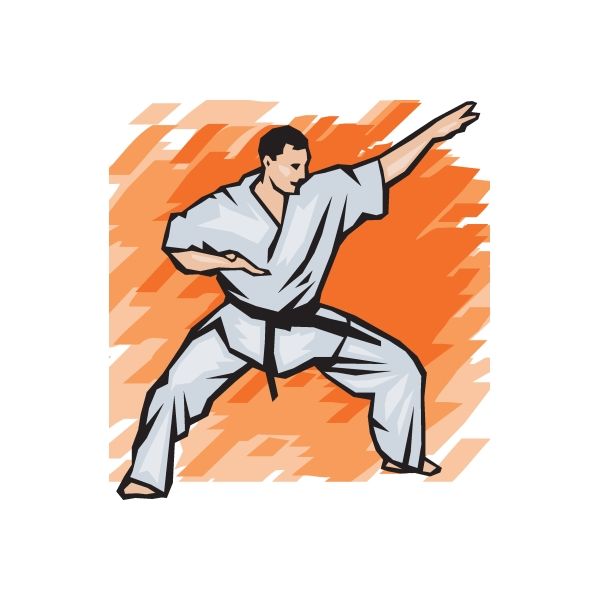 Karate wall decal of martial artist in white gi and black belt, with orange burst design
