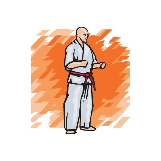 Karate wall decal of a martial artist in a white gi with black belt, orange lightning