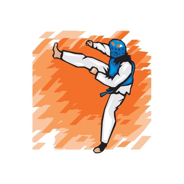 Karate wall decal vinyl sticker of blue-and-white martial artist kicking on orange rays