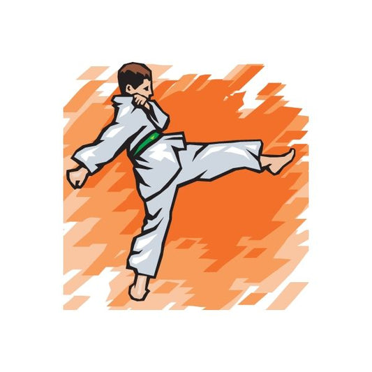 Karate fighter vinyl wall decal sticker, white gi and orange lightning design