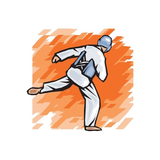 Karate fighter vinyl decal, white gi with black belt, orange burst action pose