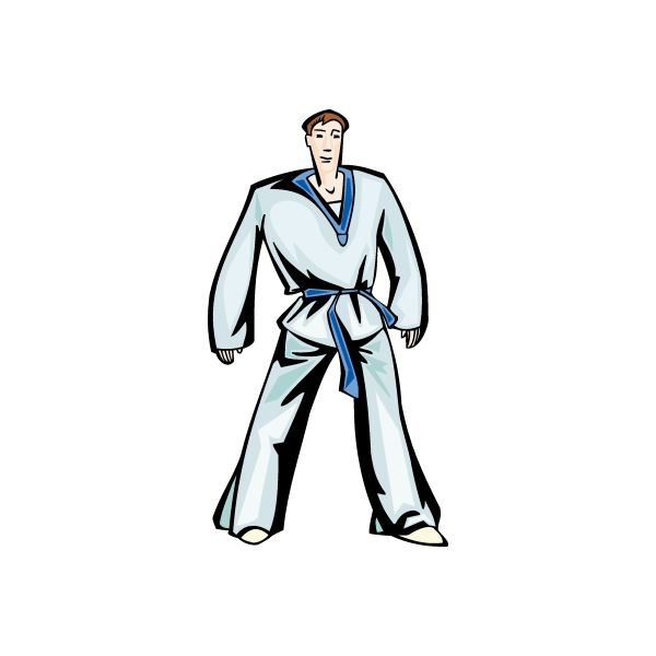 Karate wall decal of a martial artist in white gi with blue belt, die-cut sticker