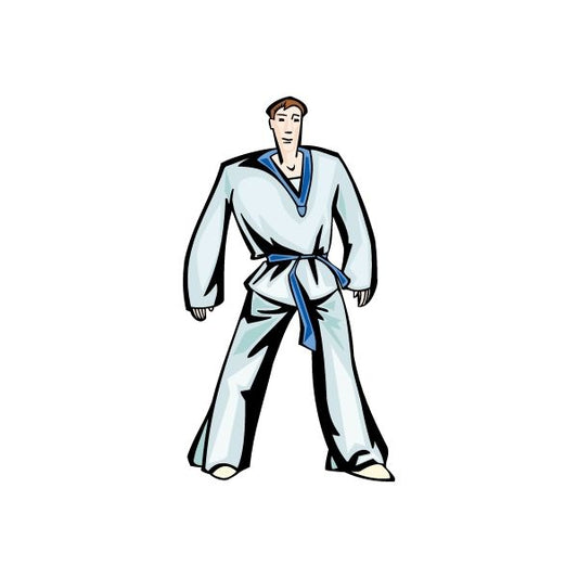 Karate wall decal of a martial artist in white gi with blue belt, die-cut sticker